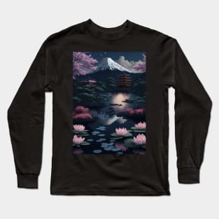 Serene Mount Fuji Sunset - Peaceful River Scenery - Lotus Flowers Long Sleeve T-Shirt